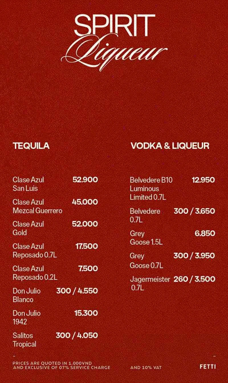 Menu Fetti Social Club — Spirit: Tequila, Vodka & Liqueur