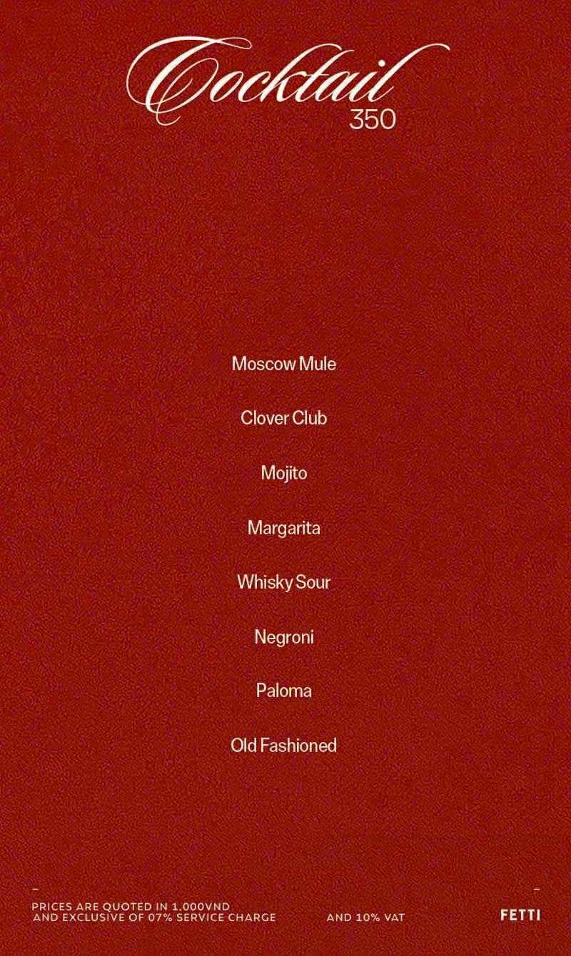 Menu Fetti Social Club — Cocktail cổ điển