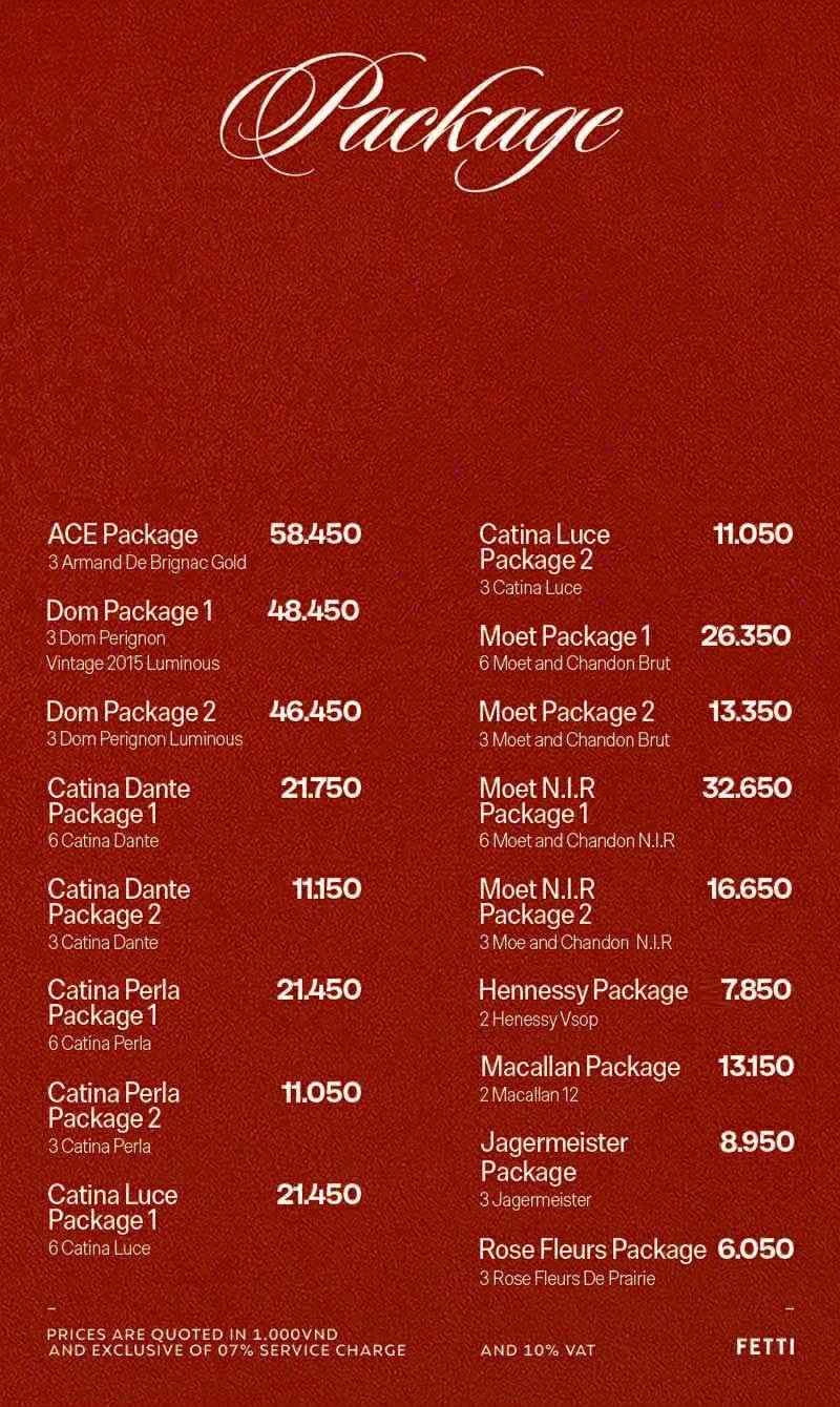 Menu Fetti Social Club — Package set trọn gói
